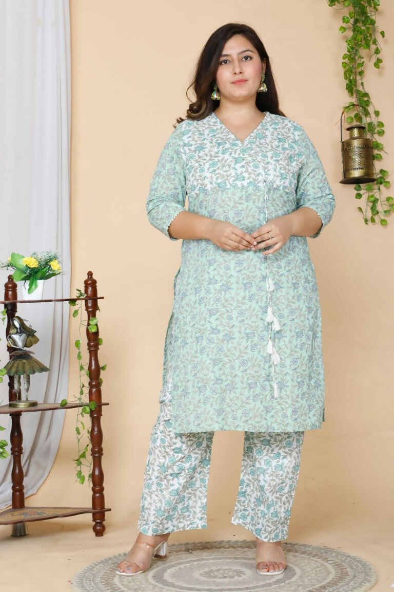 Miravan Women's Plus Size Green Floral Printed Cotton Kurta With Palazzo Set