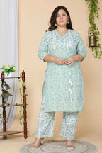 Miravan Women's Plus Size Green Floral Printed Cotton Kurta With Palazzo Set