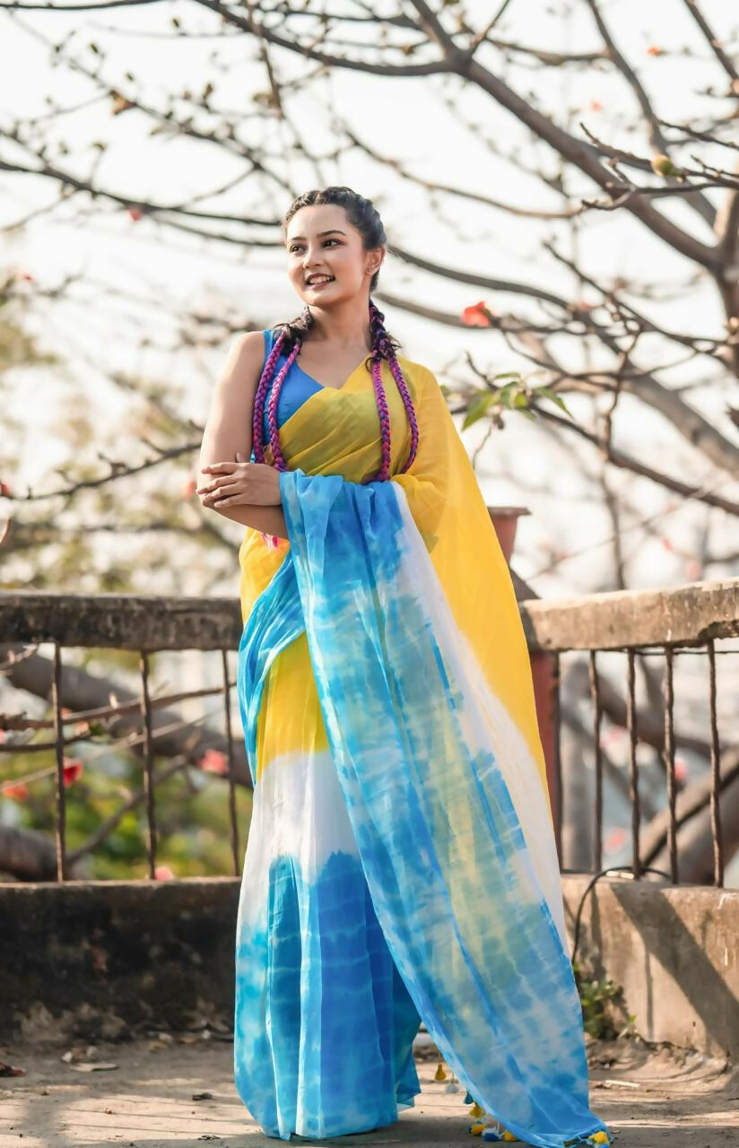 Exclusive Collection Yellow Blue Beautiful Super Soft Most Comfortable Pure Mul Cotton Saree - Distacart