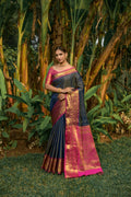 Jyoti Fashion Women's Navy Blue Kanjivaram Silk Zari Woven Saree with Blouse
