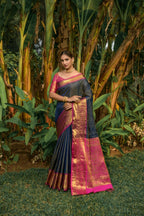 Jyoti Fashion Women's Navy Blue Kanjivaram Silk Zari Woven Saree with Blouse