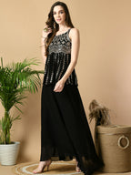 Myshka Women's Black Georgette Top With Skirt Party Sets
