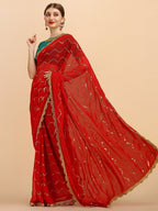 Sangria Red Embellished Sequinned Pure Georgette Saree - Distacart