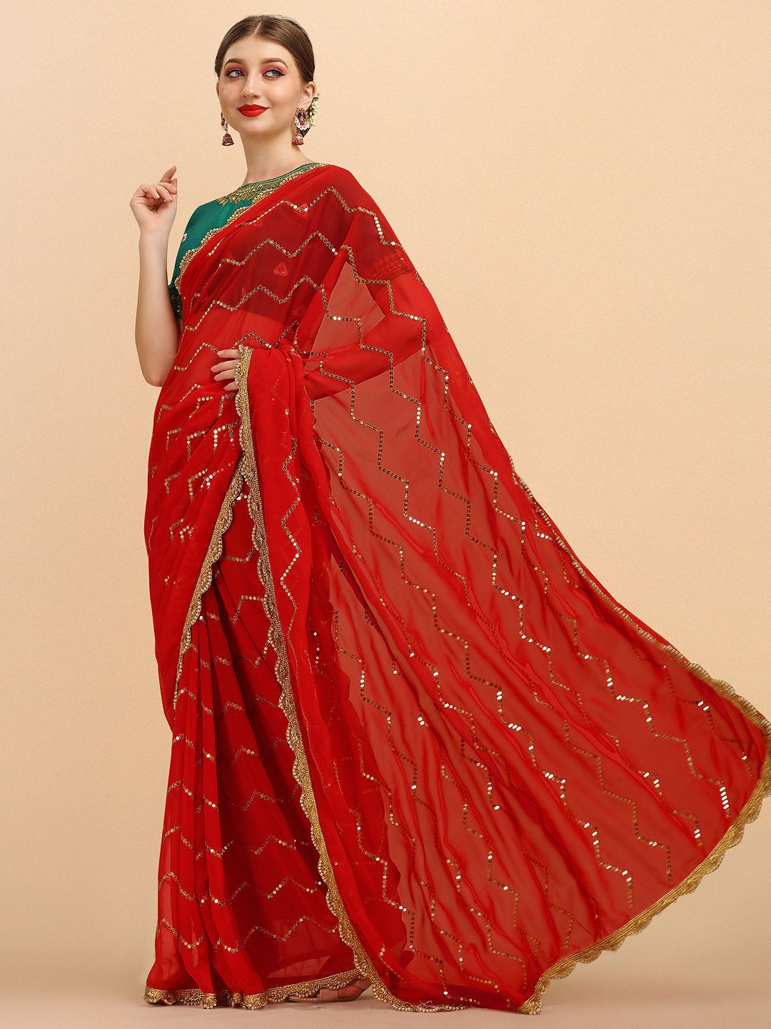 Sangria Red Embellished Sequinned Pure Georgette Saree - Distacart