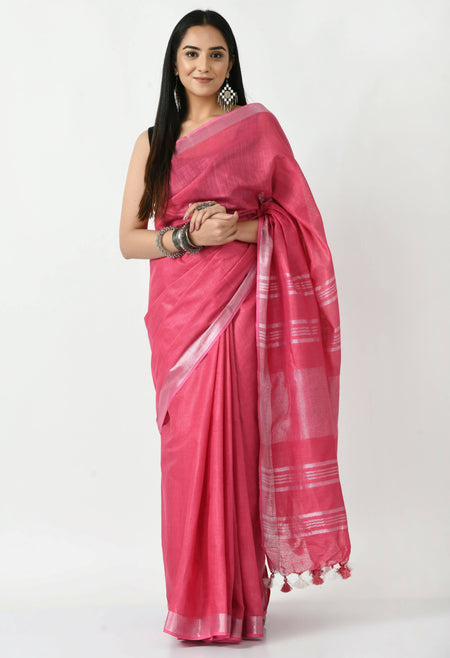 Mominos Fashion Moeza Pink Bhagalpuri Handloom Silk Linen Saree with unstitched Blouse piece