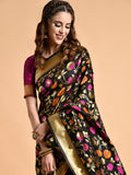 Sangria Black & Pink Floral Zari Silk Blend Banarasi Saree