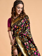 Sangria Black & Pink Floral Zari Silk Blend Banarasi Saree