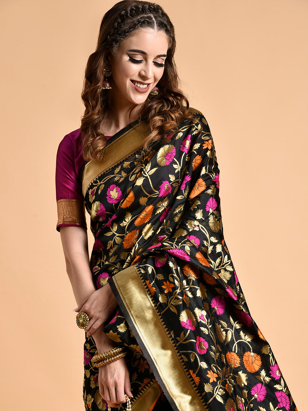 Sangria Black & Pink Floral Zari Silk Blend Banarasi Saree