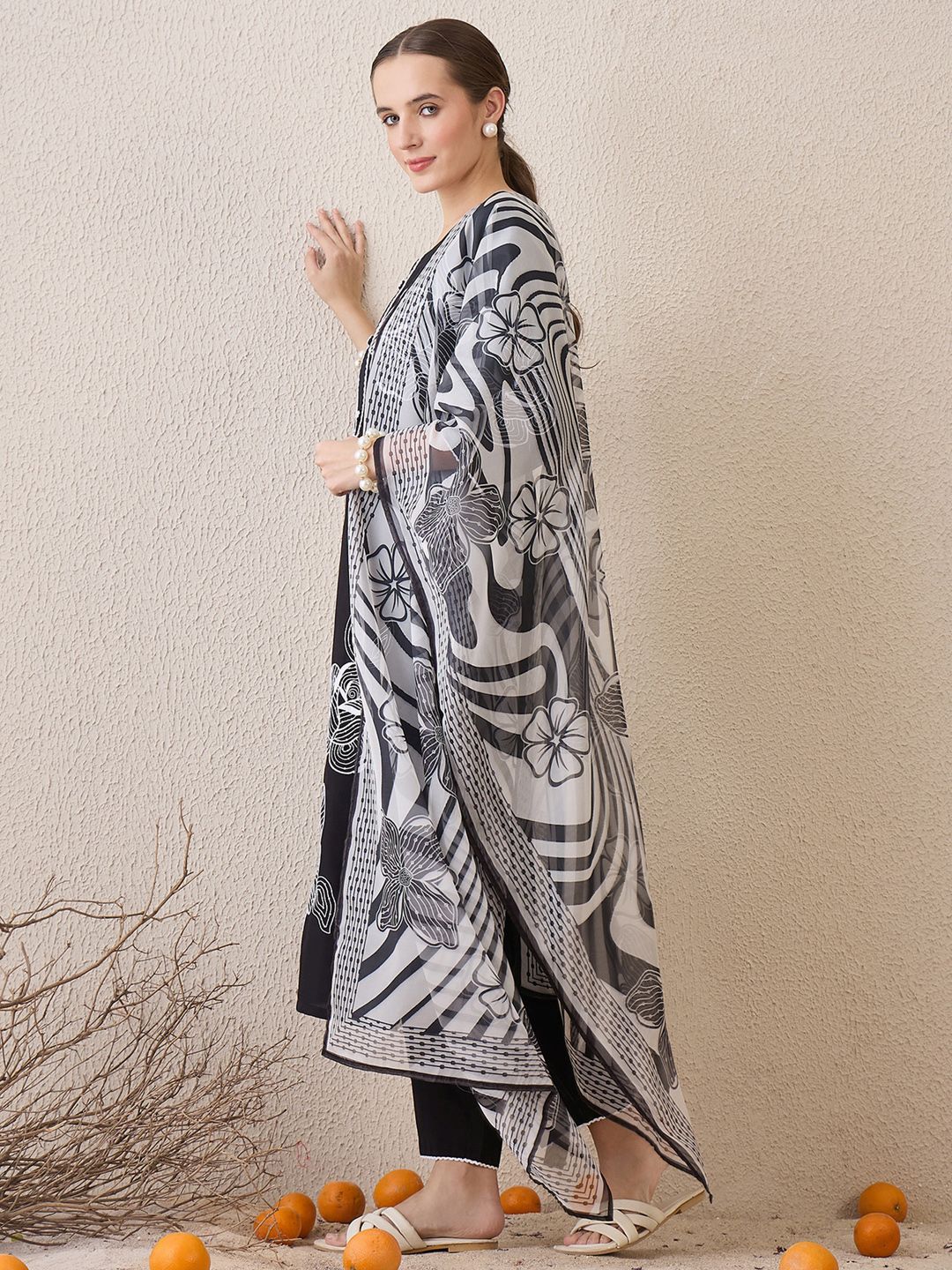 Indo Era Floral Embroidered Round Neck Sequinned Linen Kurta With Trousers & Dupatta - Distacart