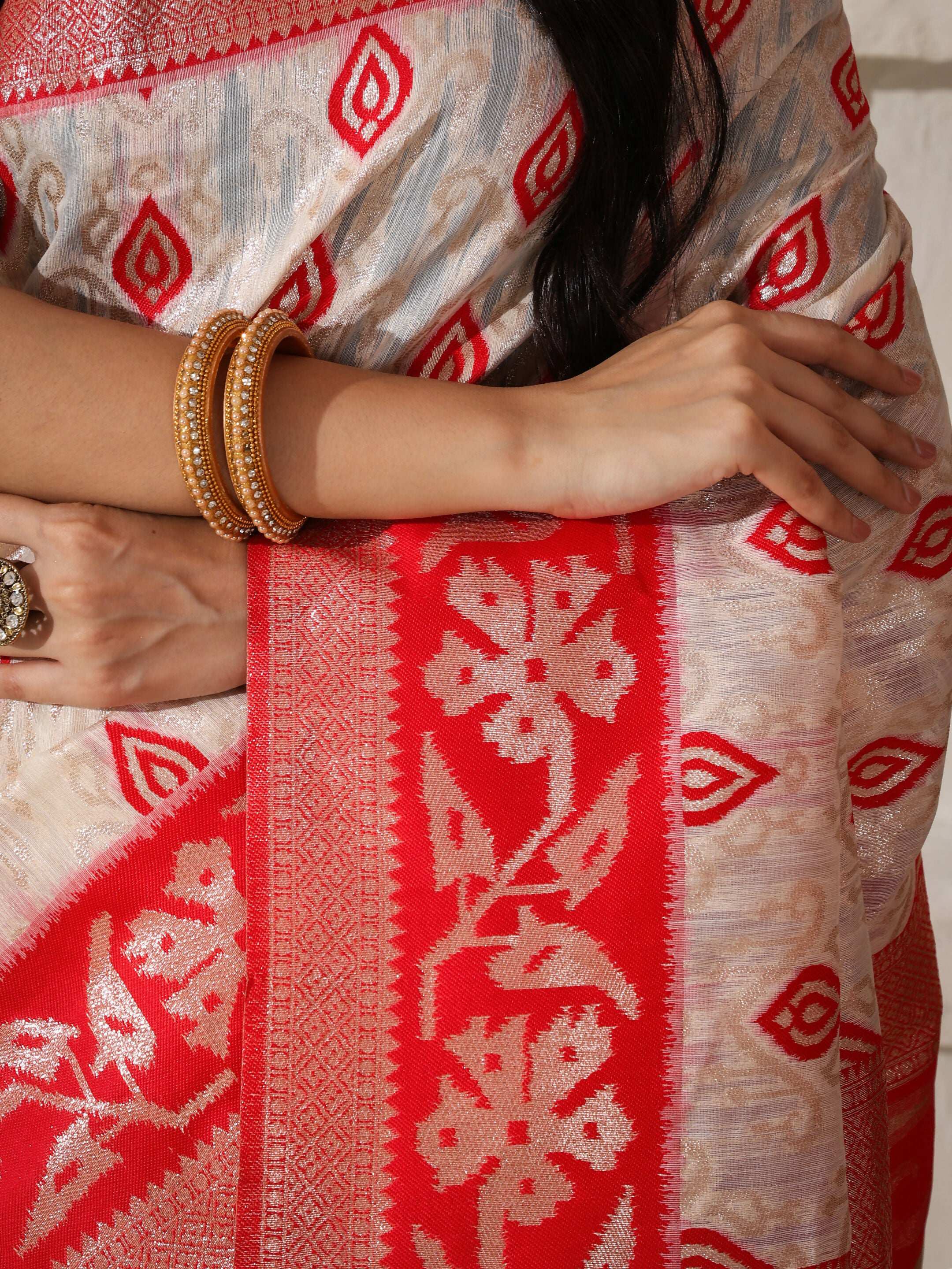 Shree Shyam Fashion Linen Cotton Red & White Saree - Distacart