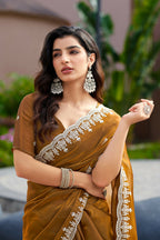 Vastranavya Brown Embroidery Work Shimmer Chiffon Saree with Unstitched Blouse - Distacart