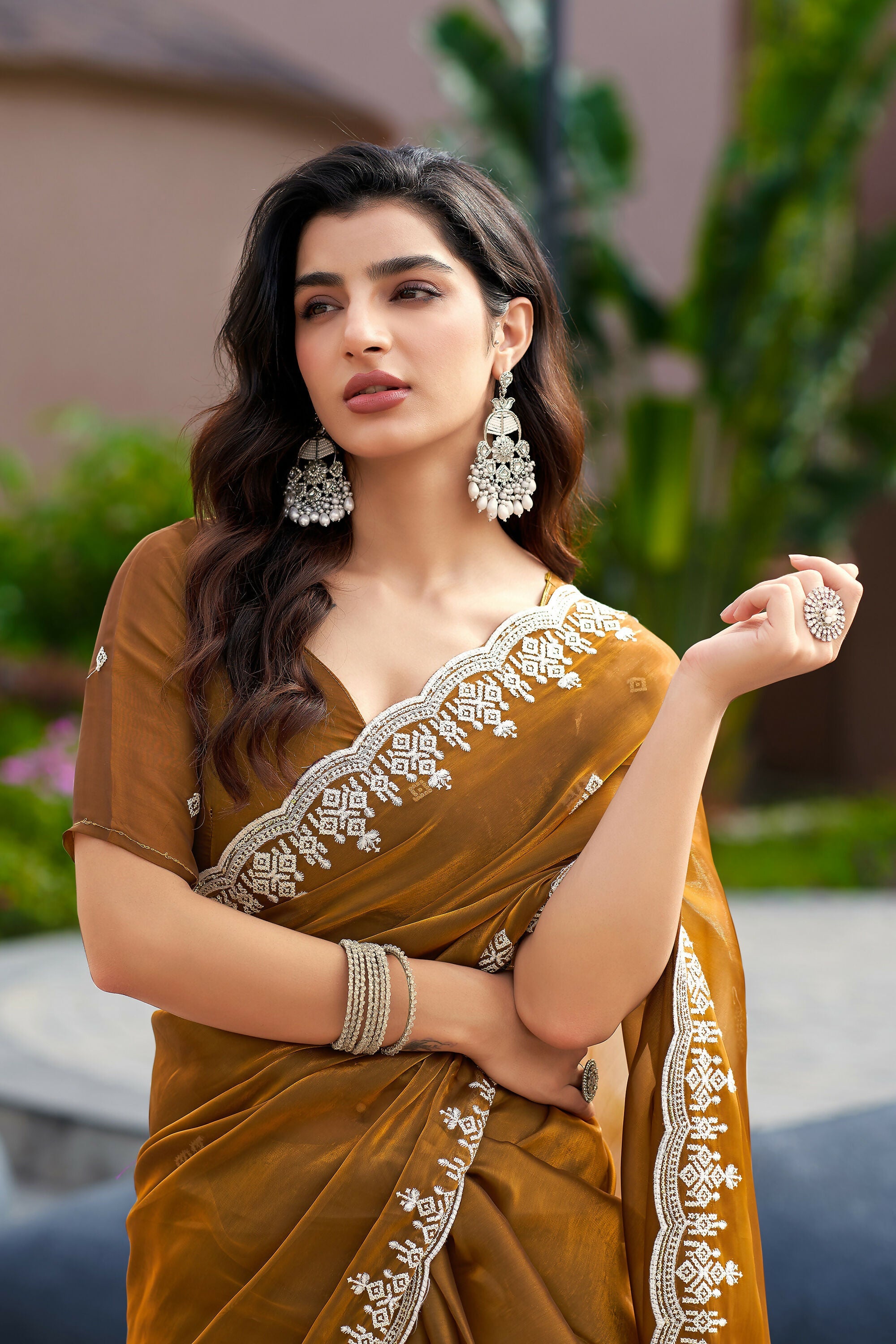 Vastranavya Brown Embroidery Work Shimmer Chiffon Saree with Unstitched Blouse - Distacart