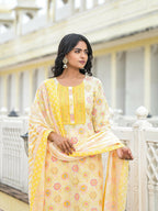 Juniper Women's Yellow Floral Printed Cotton Kurta Pant With Dupatta Set With Sequins & Thread Work