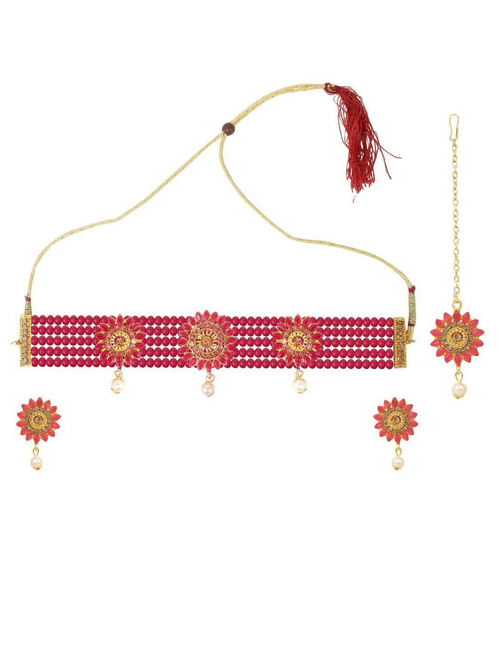 Cardinal Gold-Toned & Pink Onyx-Studded & Beaded Jewellery Set - Distacart
