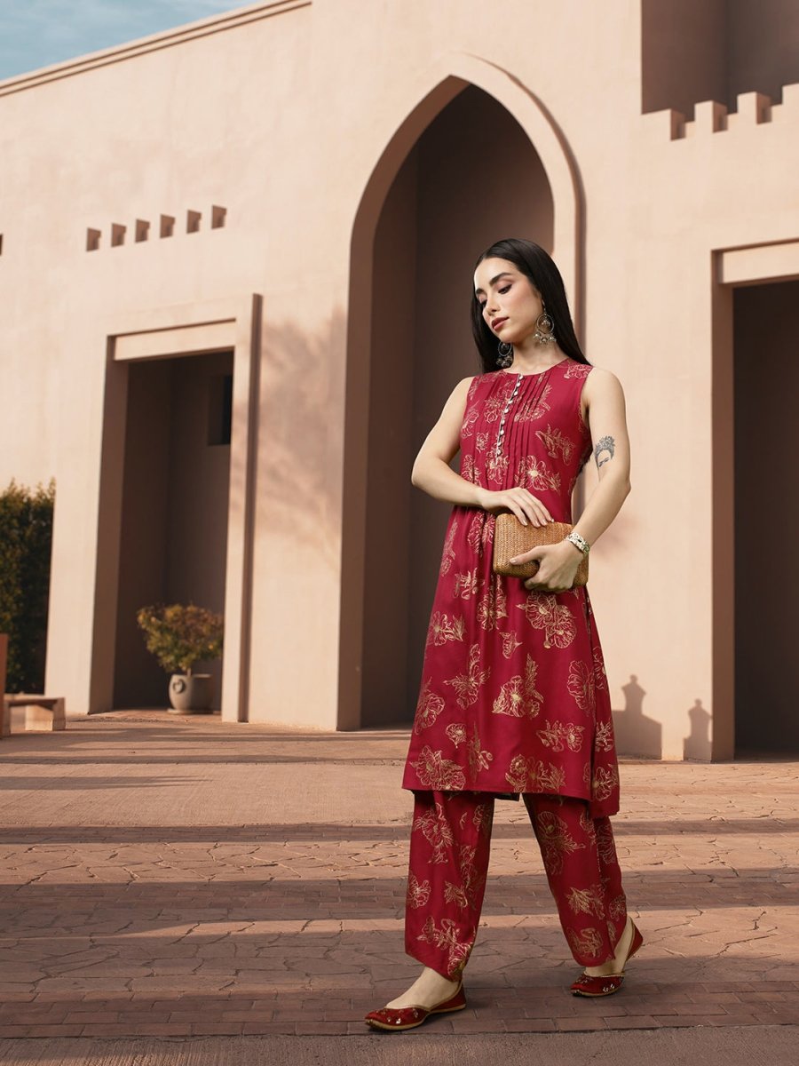 All About You Floral Print Pleated Kurta with Palazzos