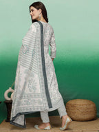 Sangria White & Green Floral Printed A-Line Kurta With Trouser & Dupatta