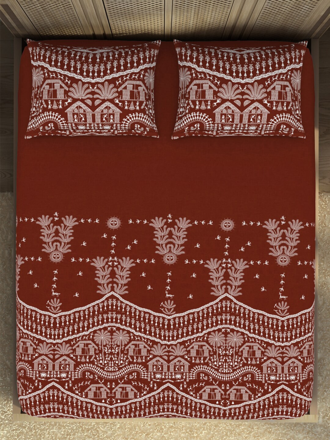SPACES Warli Orange & White Printed Cotton 210 TC King Bedsheet with 2 Pillow Covers