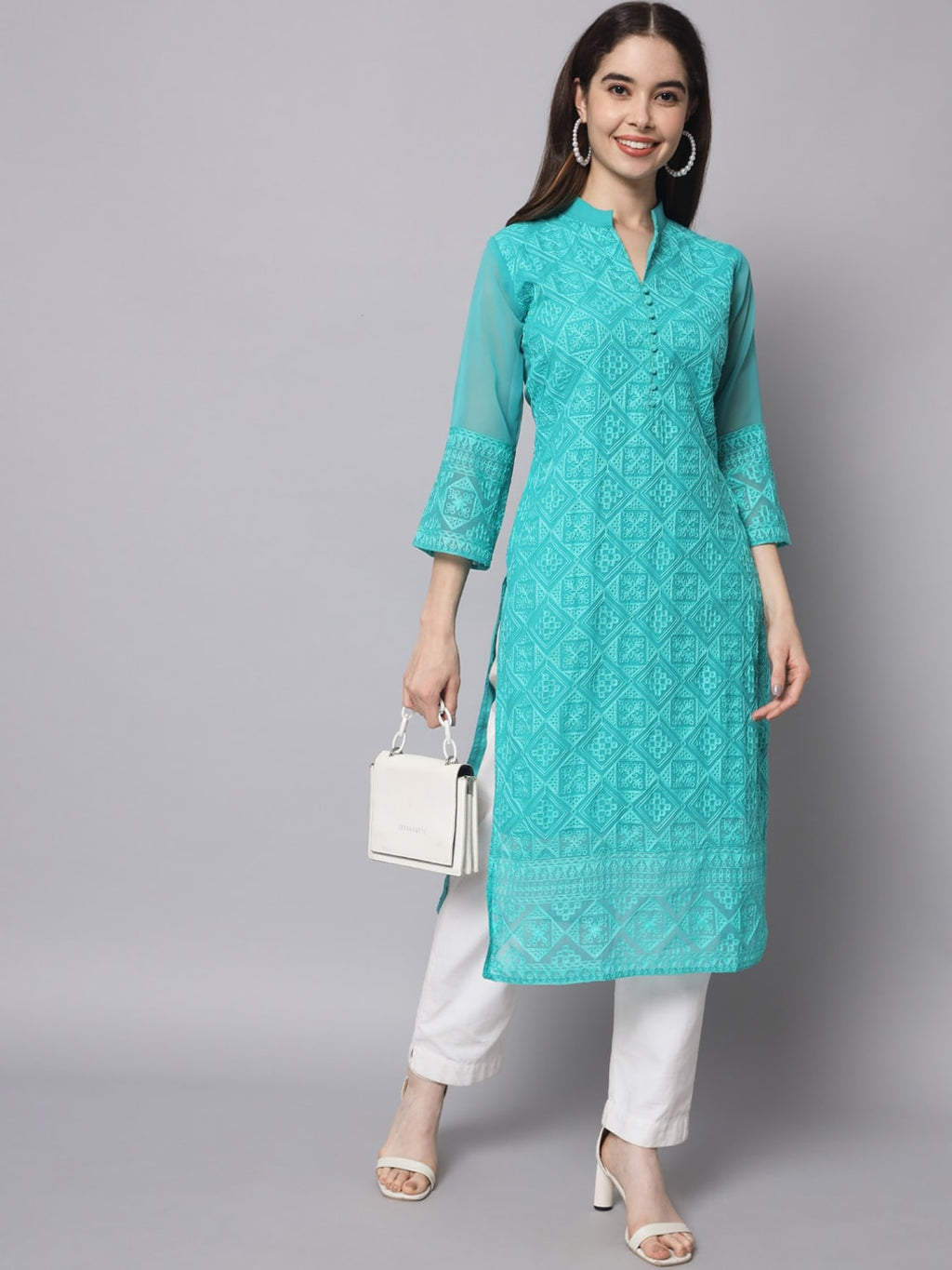 HERE&NOW Women Turquoise Blue Ethnic Motifs Embroidered Thread Work Georgette Kurta