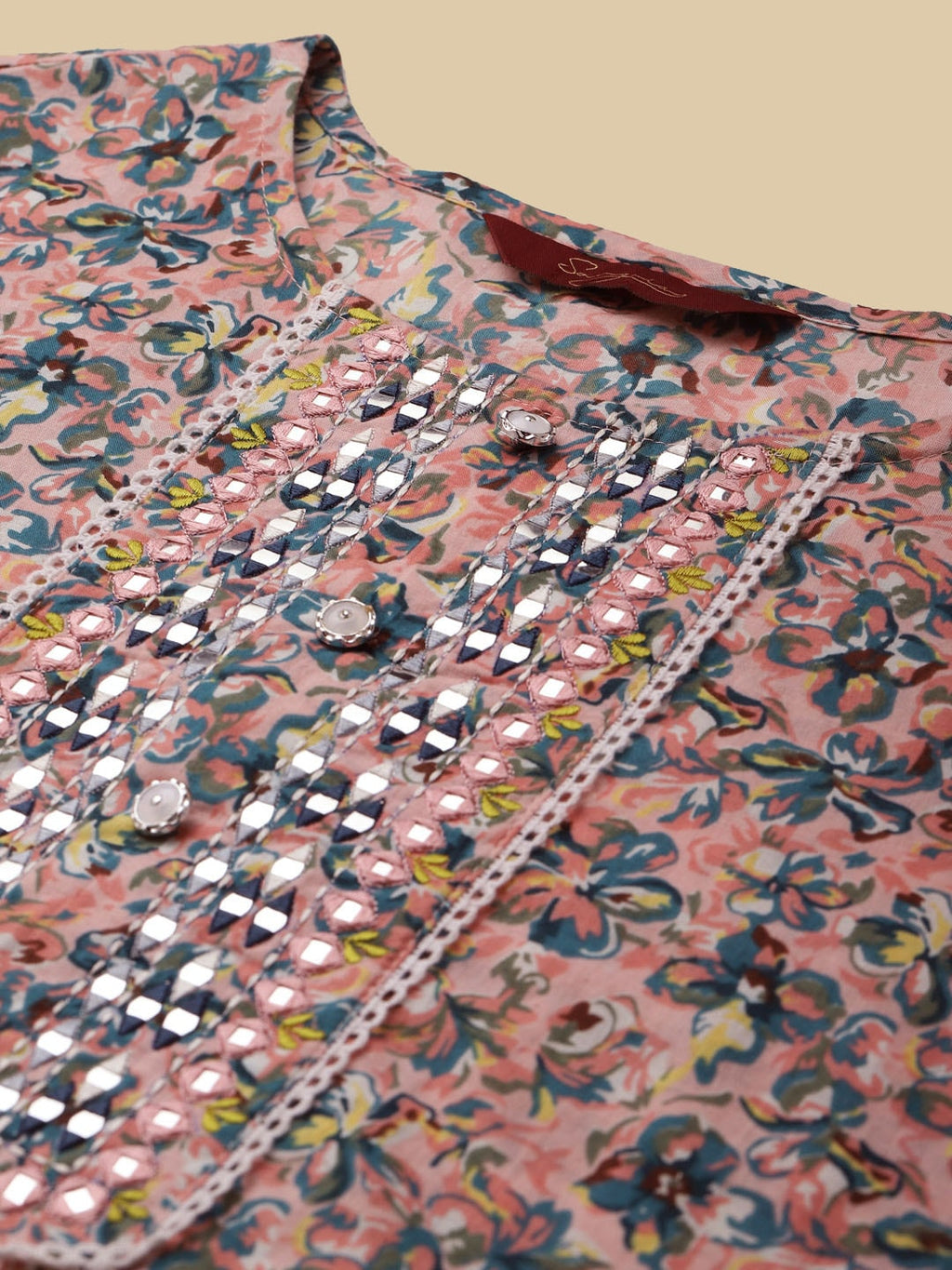 Sangria Peach & Blue Floral-Printed Pure-Cotton Straight Kurta With Trouser & Dupatta