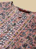 Sangria Peach & Blue Floral-Printed Pure-Cotton Straight Kurta With Trouser & Dupatta