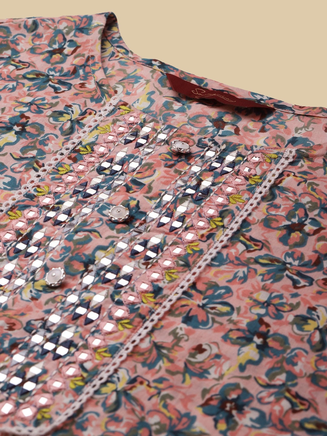 Sangria Peach & Blue Floral-Printed Pure-Cotton Straight Kurta With Trouser & Dupatta