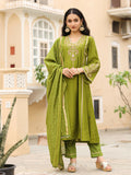 Juniper Women's The Swarn Mehndi Green Thread Embroidered Viscose Kurta Pant And Dupatta With Mirror & Zari work
