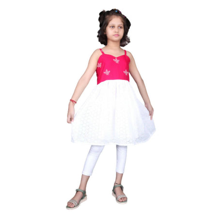 Akarshan Pure Cotton Frock Style Kurti With Leggings Set - Pink And White