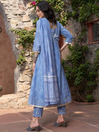 Sangria Blue Printed & Embroidered Pure Cotton A-Line Kurta With Trouser & Dupatta