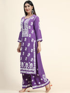 HOUSE OF KARI Women Purple Floral Embroidered Chikankari Pure Cotton Kurta with Palazzos