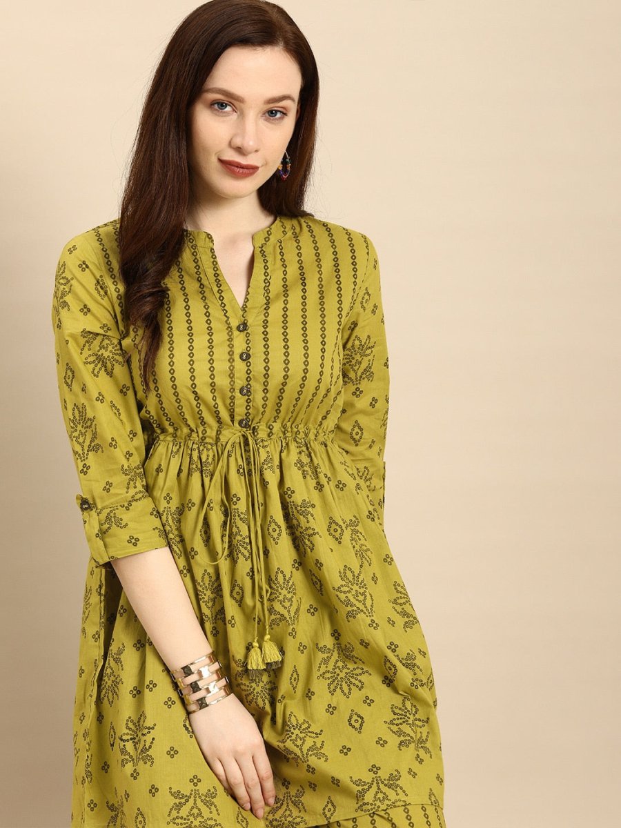 All About You Women Green Printed Pure Cotton Kurti with Palazzos