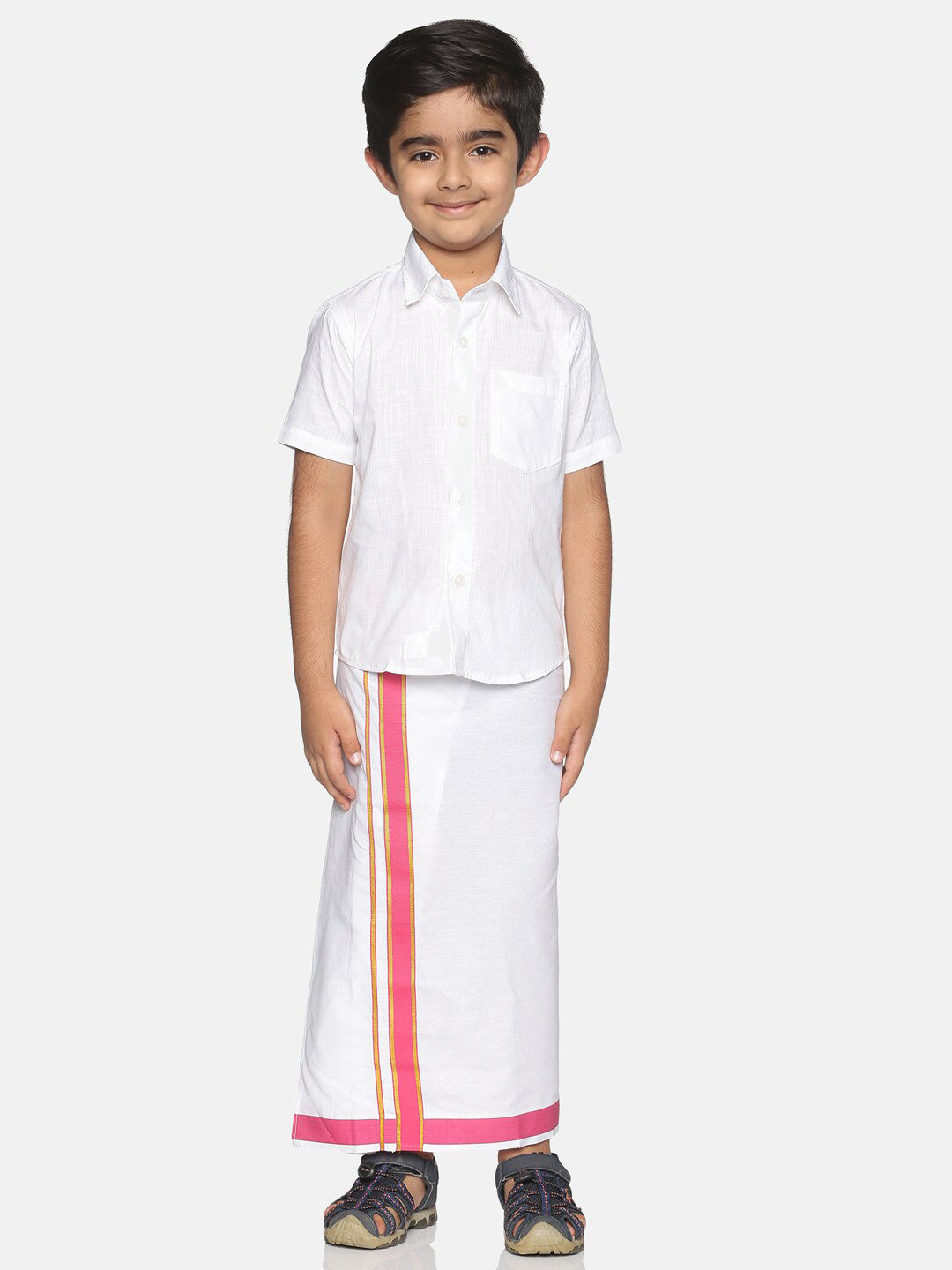 Sethukrishna Boys White Pure Cotton Shirt and Veshti Set