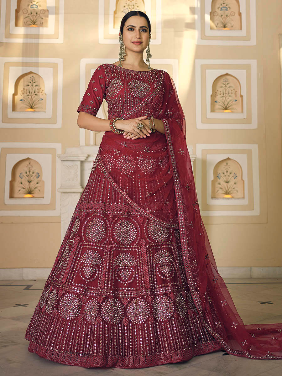 Myra Maroon Soft Net Embroidered Lehenga