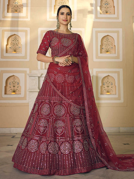 Myra Maroon Soft Net Embroidered Lehenga