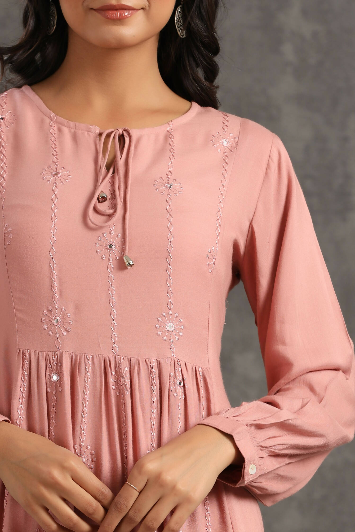 Juniper Womens Onion Pink Rayon Solid Maxi Dress With Mirror Embroidery And Full Sleeve - Distacart
