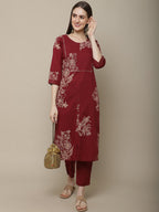Sangria Women Maroon Floral Printed Pure Cotton Straight Kurta with Trousers