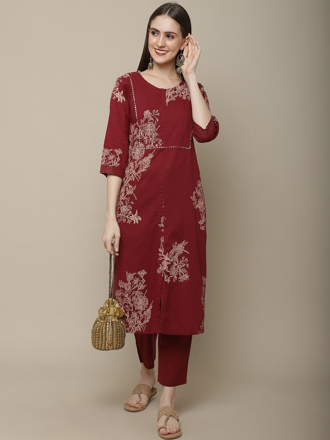 Sangria Women Maroon Floral Printed Pure Cotton Straight Kurta with Trousers