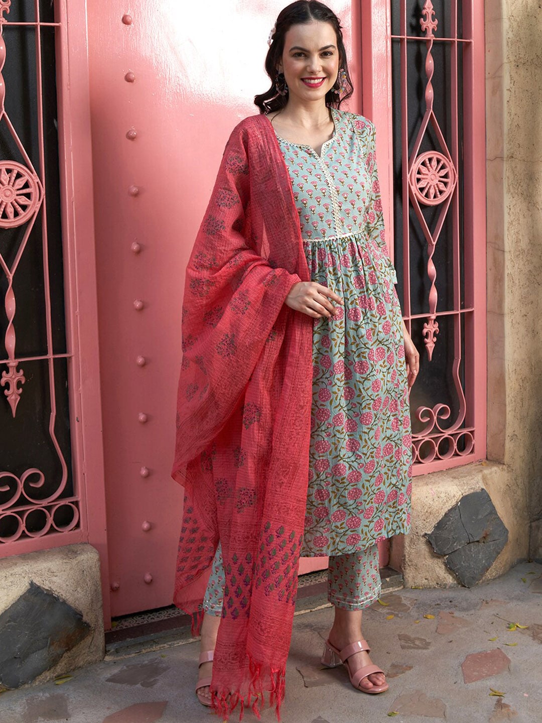 Sangria Sea Green Floral Printed Pure Cotton Kurta with Palazzos & Dupatta