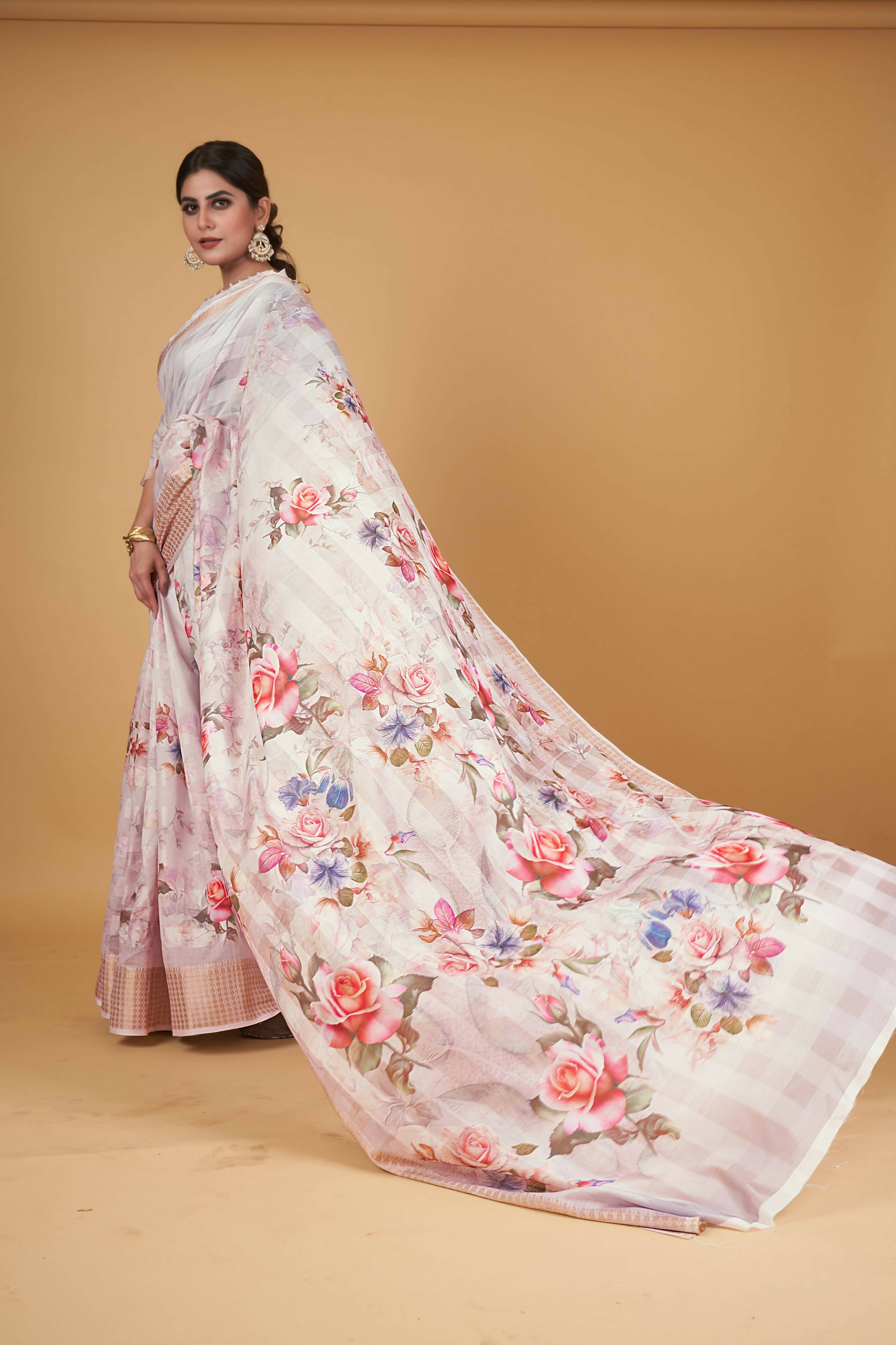 White Cotton Silk Digital Printed Saree With Unstitched Blouse Piece - Alisha