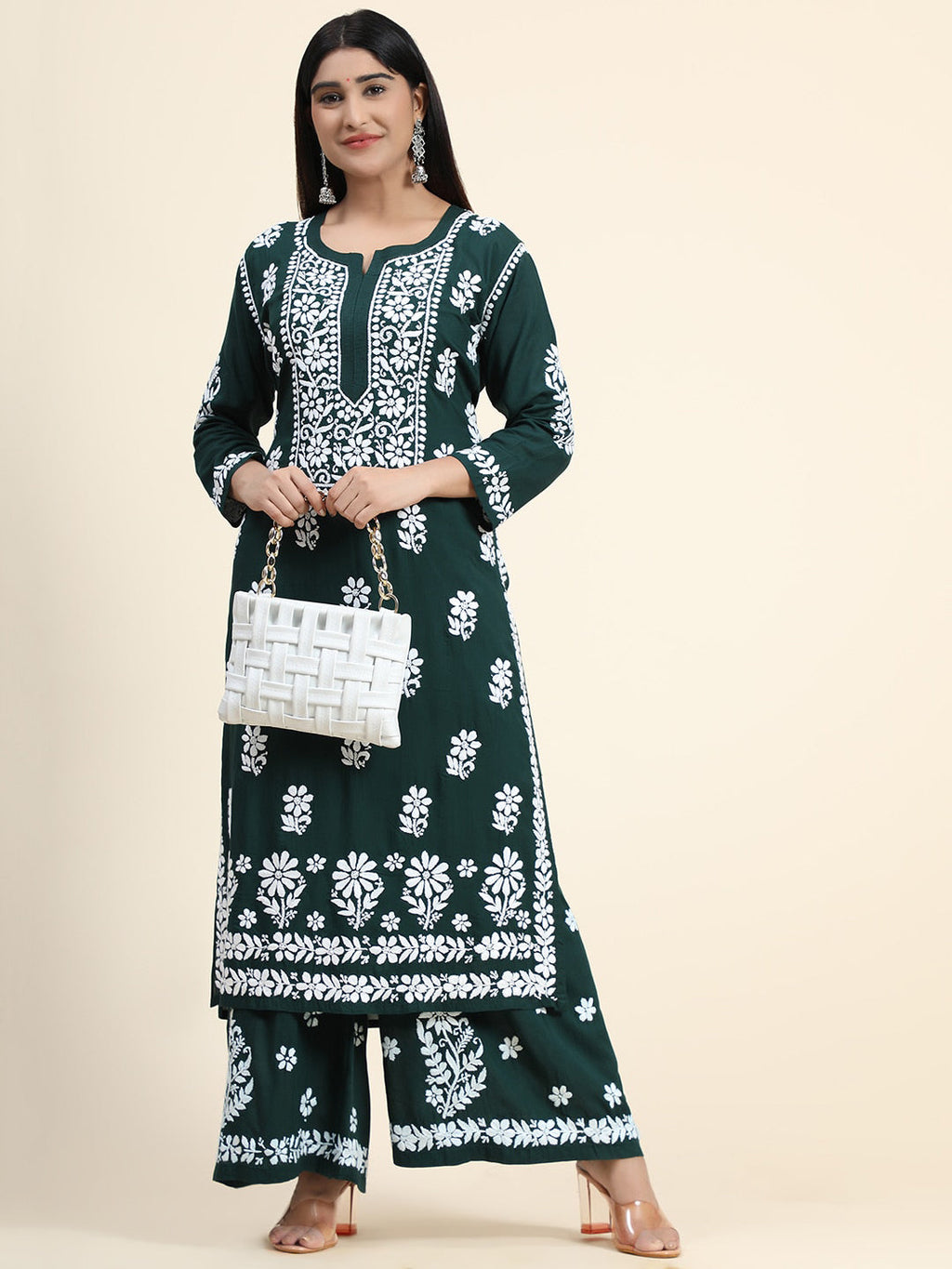 HOUSE OF KARI Women Green Floral Embroidered Chikankari Kurta with Palazzos