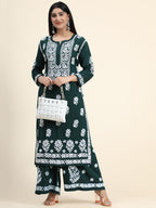 HOUSE OF KARI Women Green Floral Embroidered Chikankari Kurta with Palazzos