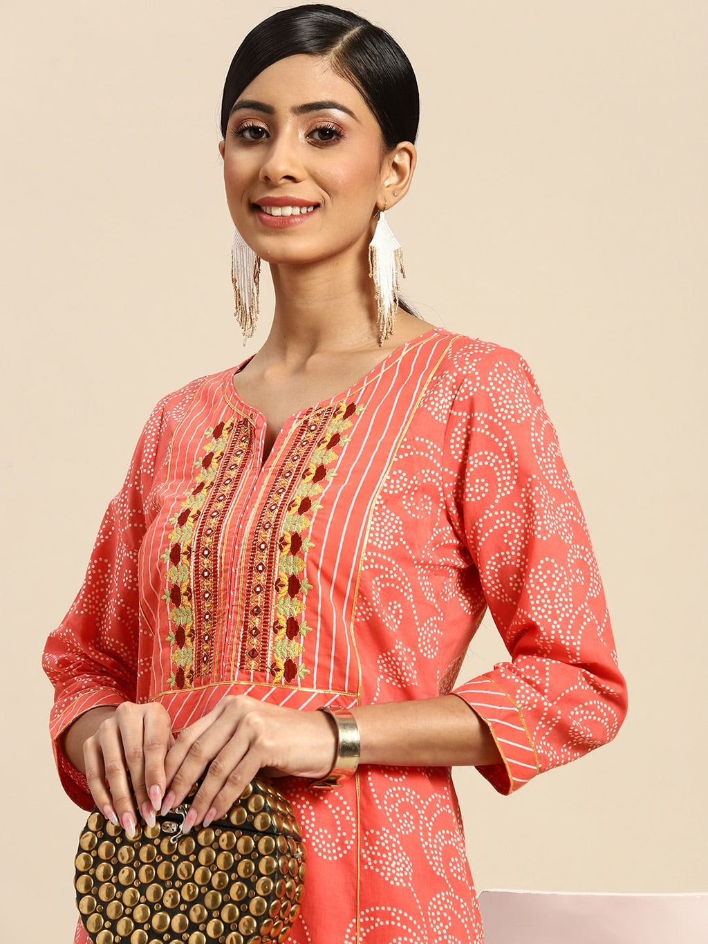 Sangria Women Peach-Coloured Ethnic Printed Mirror Work Pure Cotton Kurta with Trousers