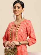 Sangria Women Peach-Coloured Ethnic Printed Mirror Work Pure Cotton Kurta with Trousers