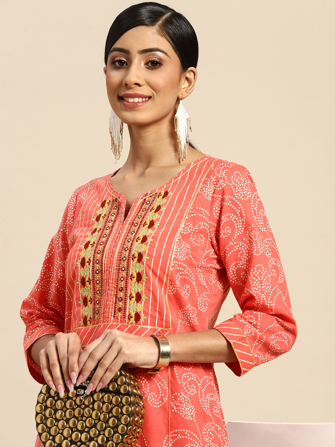 Sangria Women Peach-Coloured Ethnic Printed Mirror Work Pure Cotton Kurta with Trousers