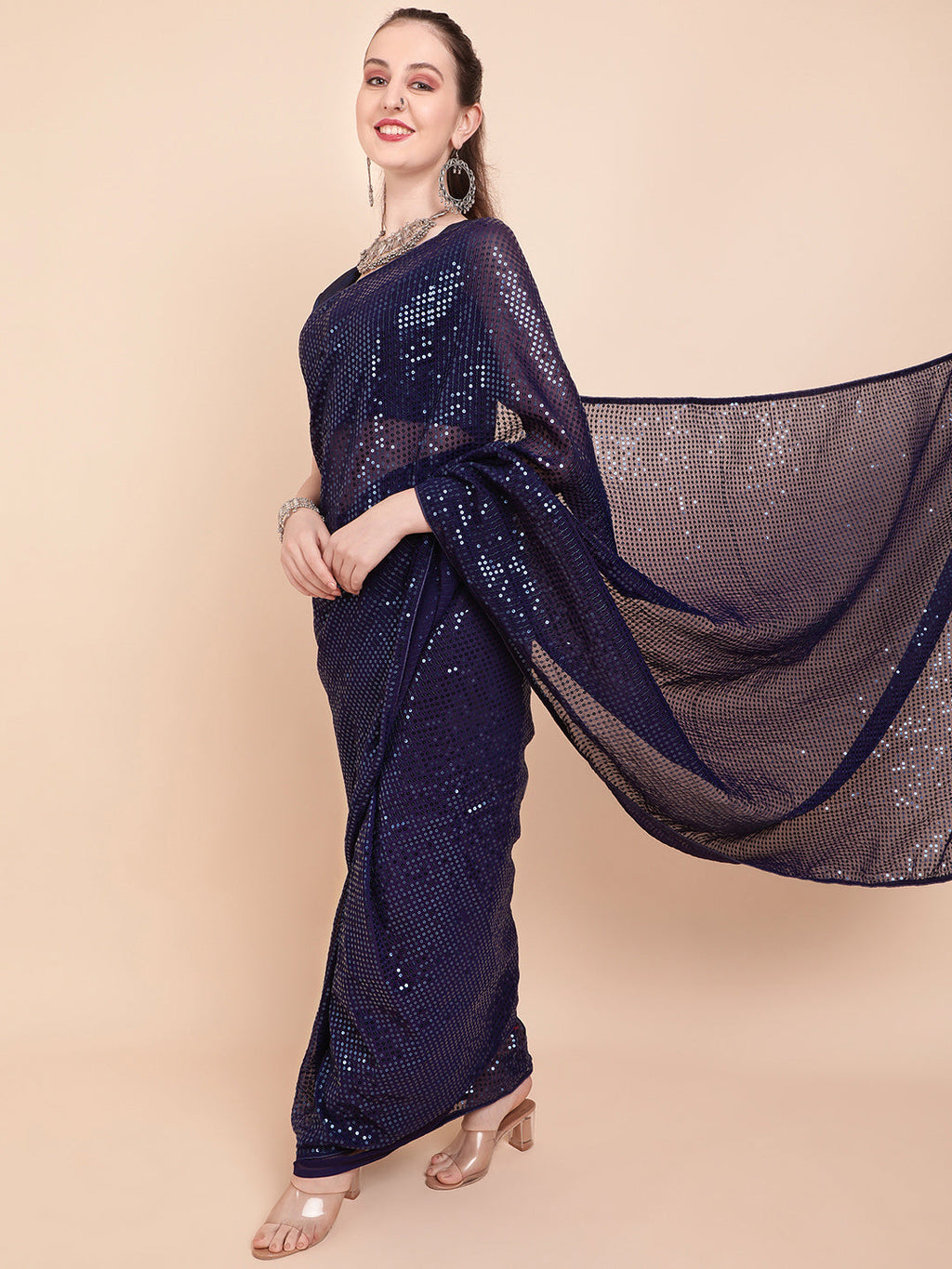 Sangria Navy Blue & Silver-Toned Sequin Embellished Pure Georgette Saree - Distacart