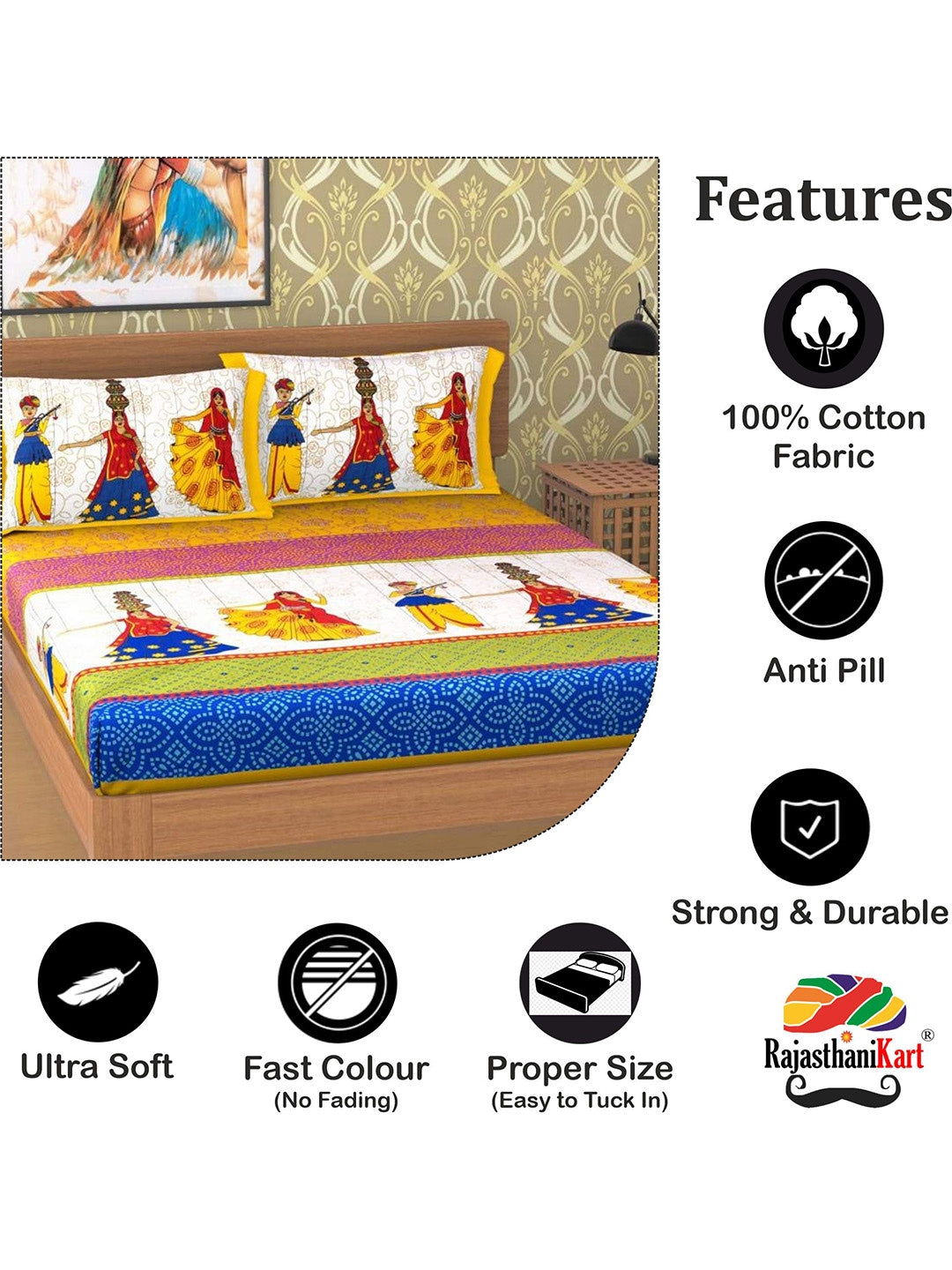 Rajasthanikart Yellow Ethnic Motifs Cotton 110 TC Queen Bedsheet with 2 Pillow Covers