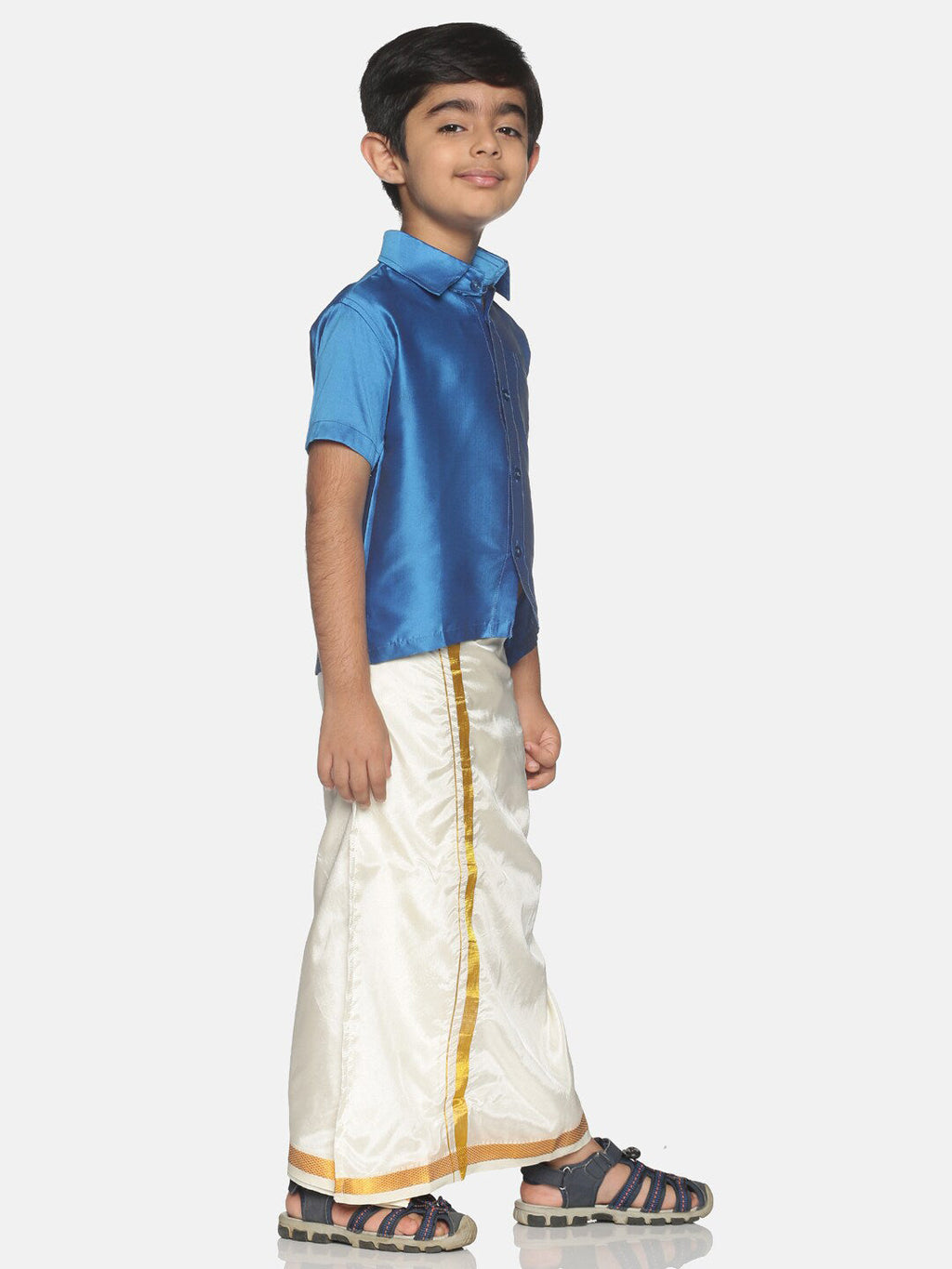 Sethukrishna Boys Blue & White Shirt with Veshti Set (GENIE-67846)