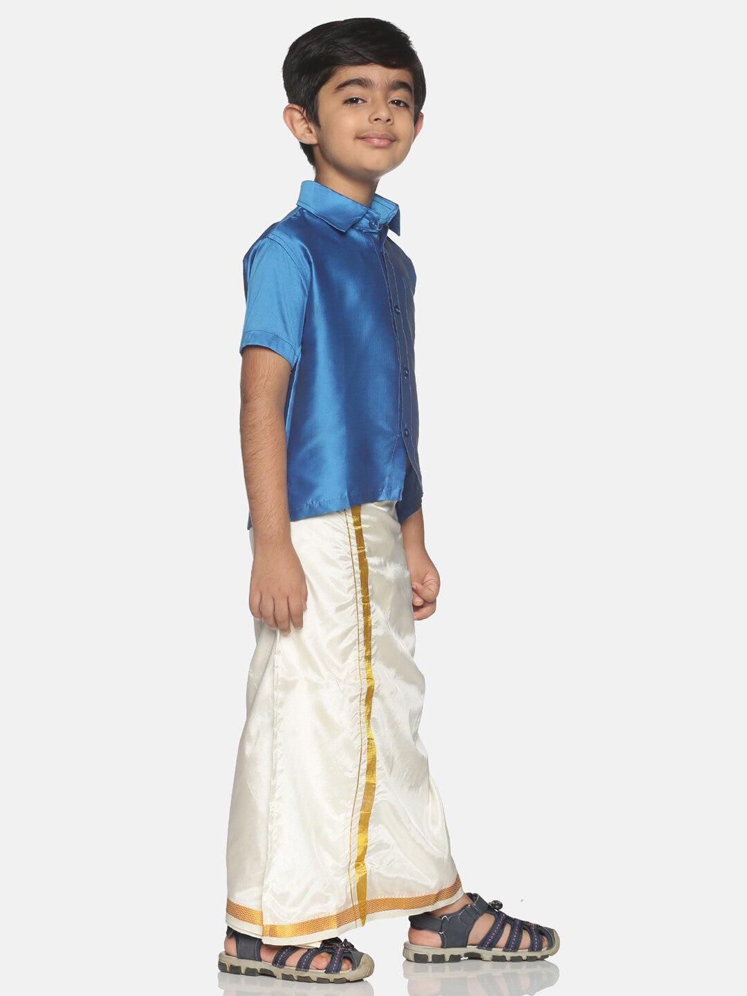 Sethukrishna Boys Blue & White Shirt with Veshti Set (GENIE-67846)
