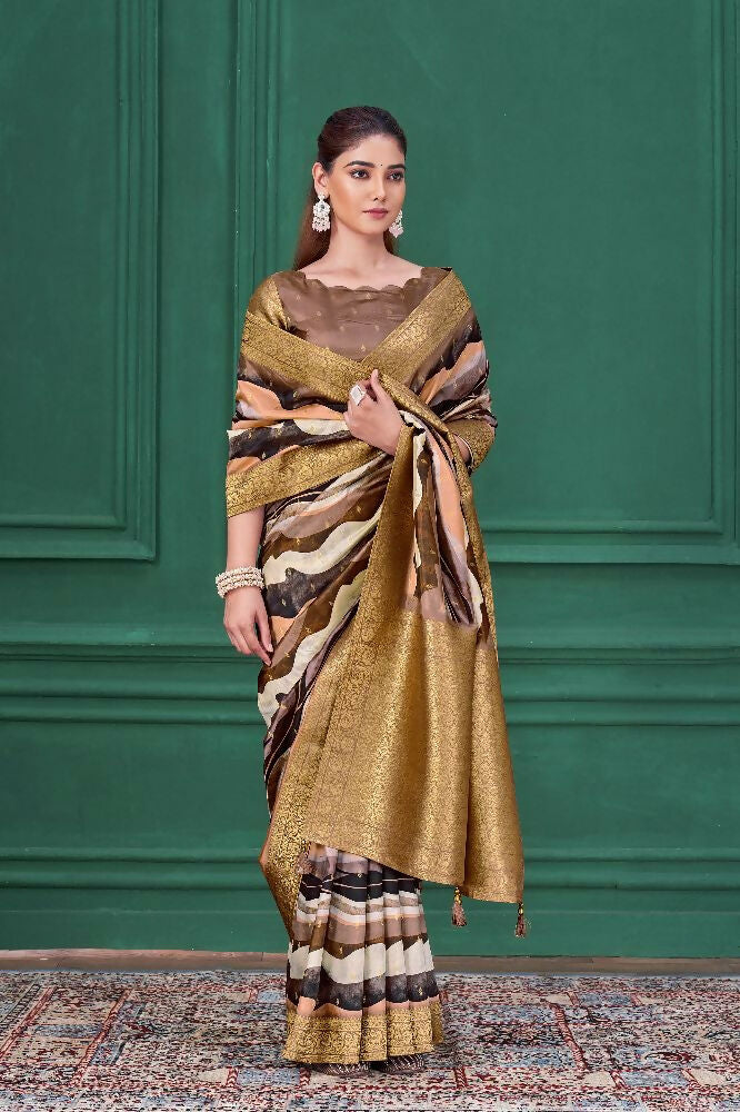 Lilac Purple Tussar Silk Jacquard Abstract Digital Print Saree with Unstitched Blouse - Mohira