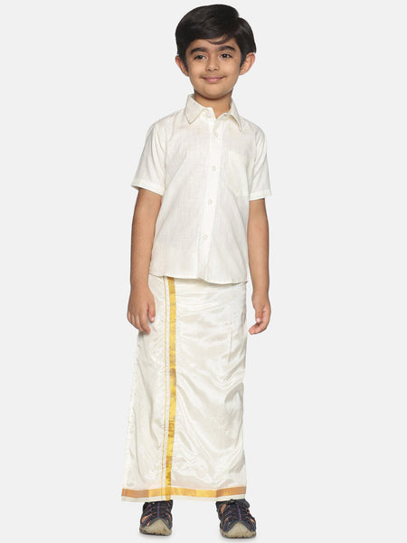 Sethukrishna Boys Cream-Coloured & Gold-Coloured Shirt with Dhoti