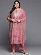 Sztori Plus Size Floral Embroidered Regular Chanderi Silk Kurta & Trousers With Dupatta - Distacart